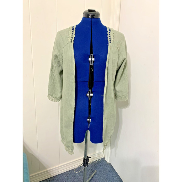 Valentina Jackets & Blazers - Valentina Naldi Italy Kimono Cardigan 100% Green Linen Crochet Embroidery Sz OS